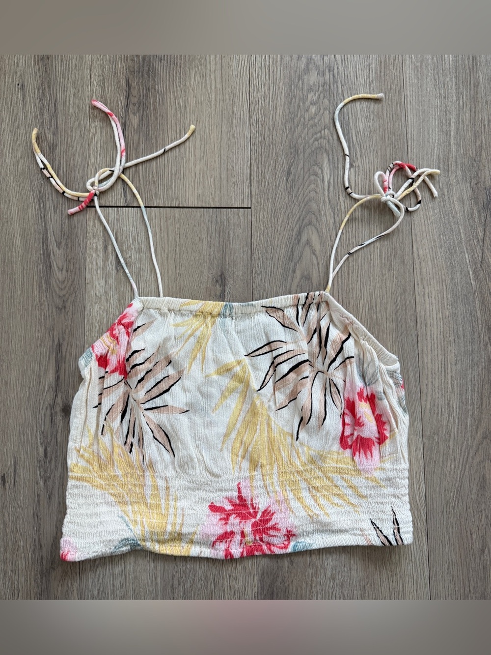 Billabong Palm Leaf Crop TankTop Womens Large Floral Tropical Smocked Rayon Boho